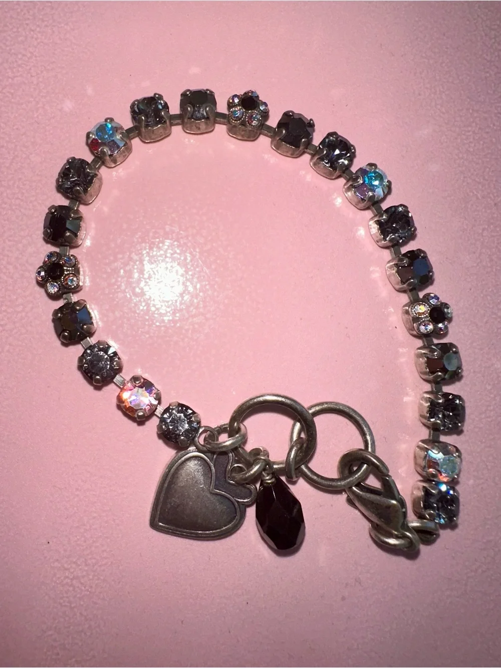 Mariana Silver,Black, Gray, ab, flower Swarovski Crystal Heart Charm Bracelet
